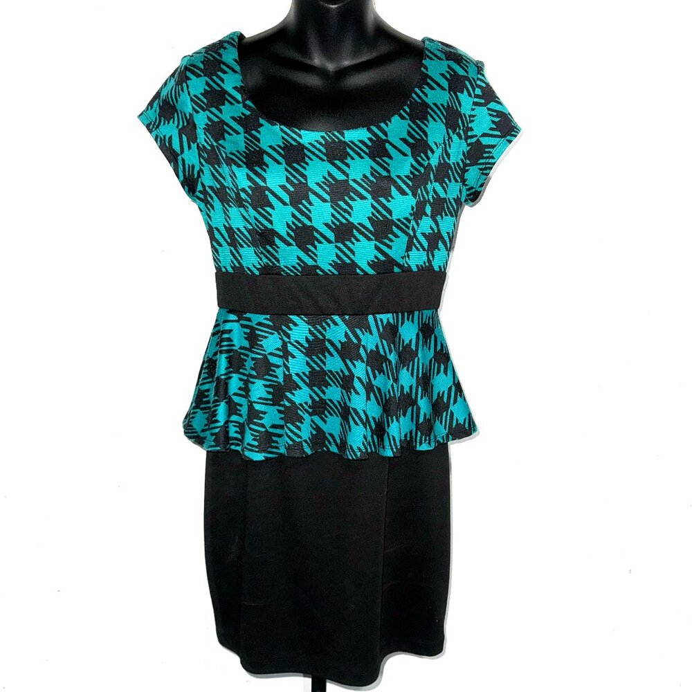 BWear Y2K Teal & Black Peplum Houndstooth Dress Size 9